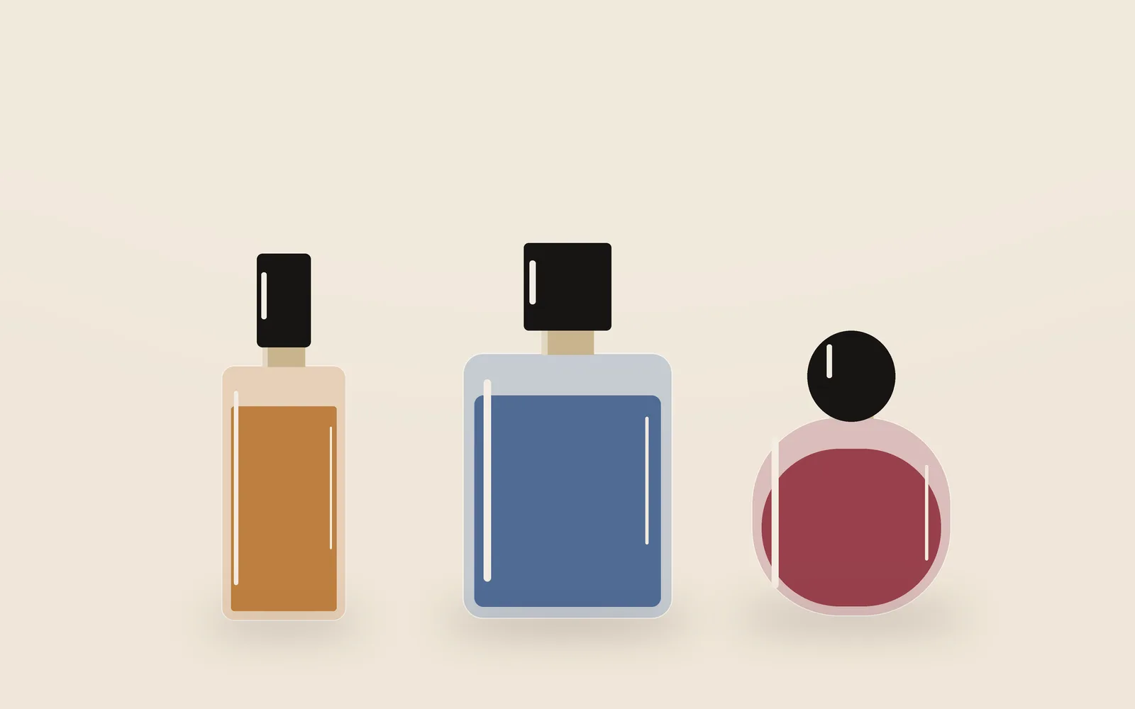 Three perfume bottles in amber, blue and garnet on a warm ivory backdrop